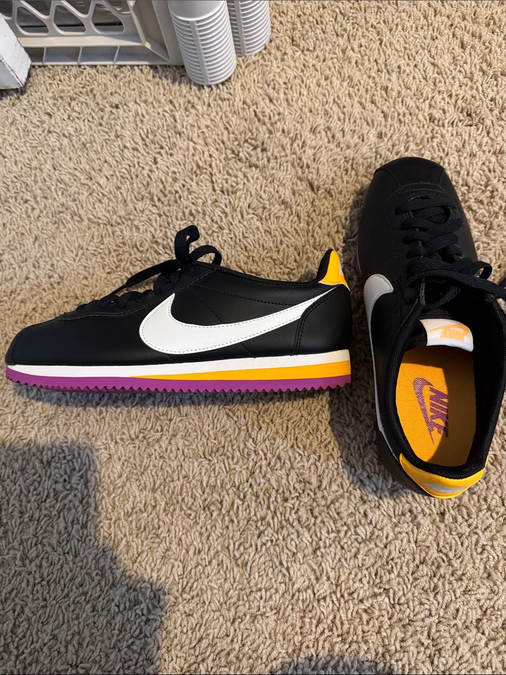 Nike Cortez Women’s Black Sneakers with White Swoosh and Yellow & Purple Trim